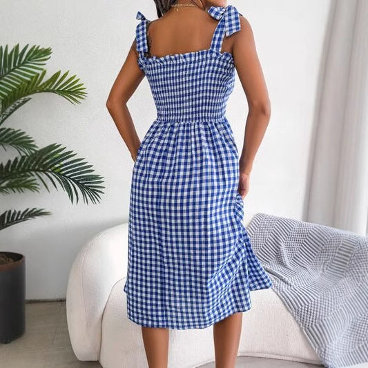 Damen lässiges kariertes A-Linien Kleid mit schmalen Trägern Drune