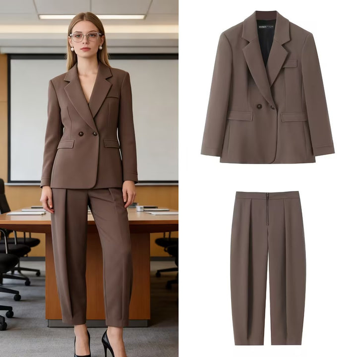 Damen Tailliertes zweiteiliges Blazer- und Bundfaltenhose-Set Drune