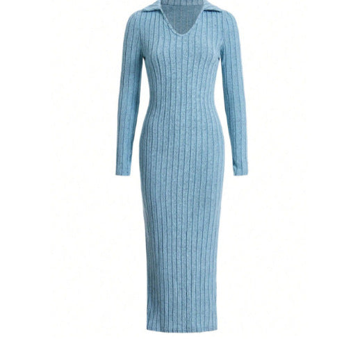 Damen Langärmliges Rippkleid mit Slit und Kragen Drune