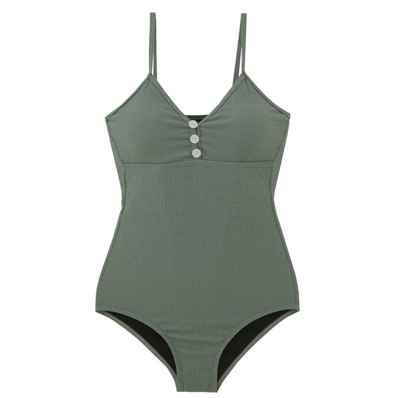 Damen Einteiler Badeanzug mit Knopfdetailed und dezentem Rippendesign Drune