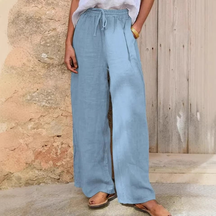 Damen Hochgeschnittene Leinenpalazzo-Hose mit Kordelzug und weitem Bein Drune