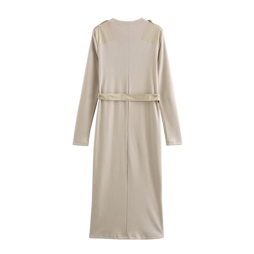 Damen Langarm-Kleid mit dekorativem Gürtel und Schulterdetails Drune