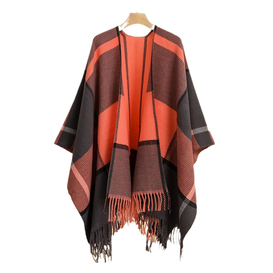 Damen Oversize-Capeponcho aus strukturierter Strickmischung mit V‑Ausschnitt, Karomuster und Fransen Drune