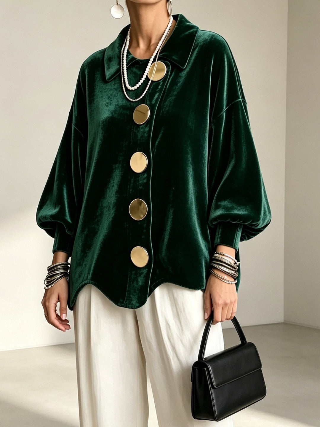 Damen Oversized Samtjacke mit großen Zierknöpfen und Balloon-Ärmeln Drune