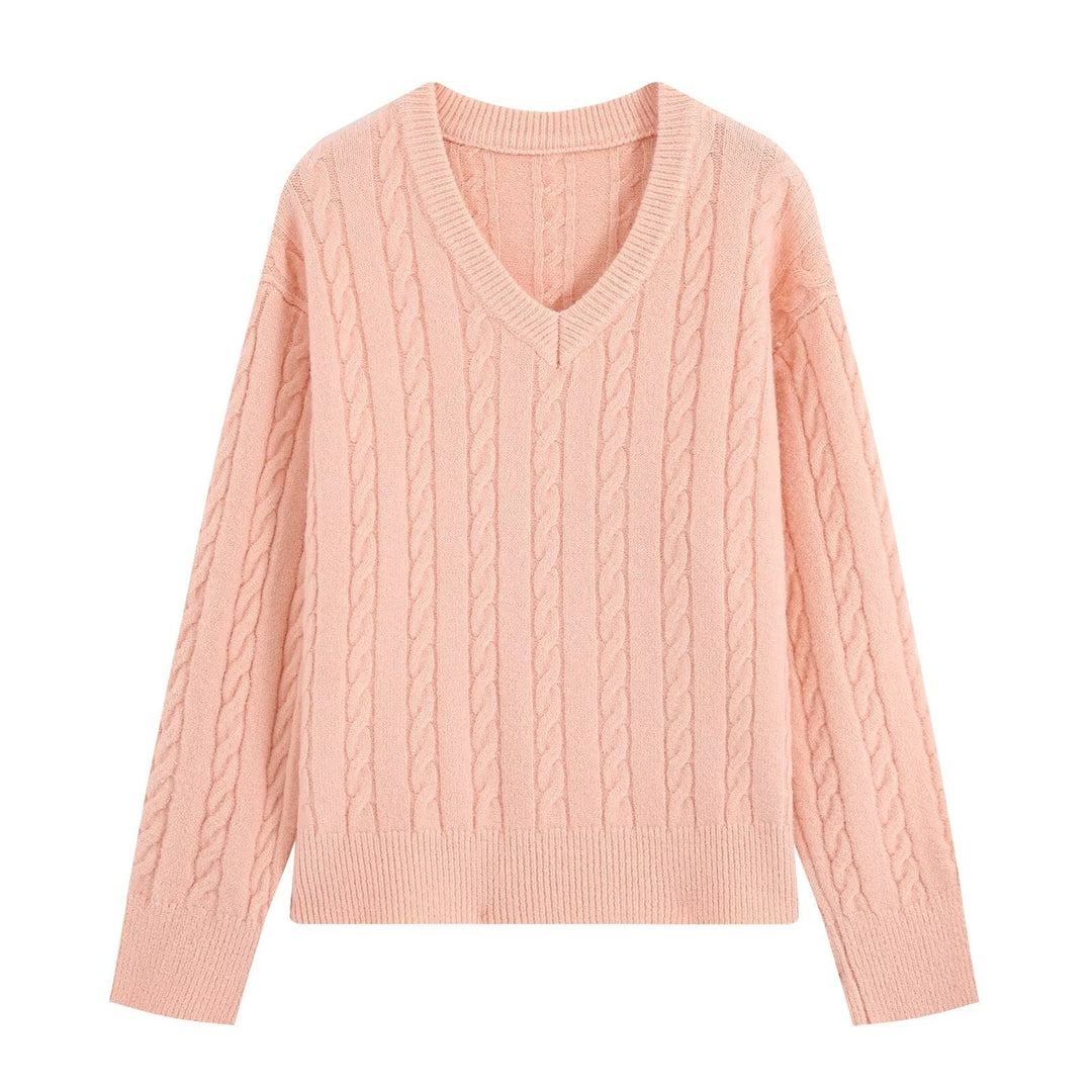 Damen Oversize Zopfmuster-Pullover mit V-Ausschnitt und breitem Rippbündchen Drune