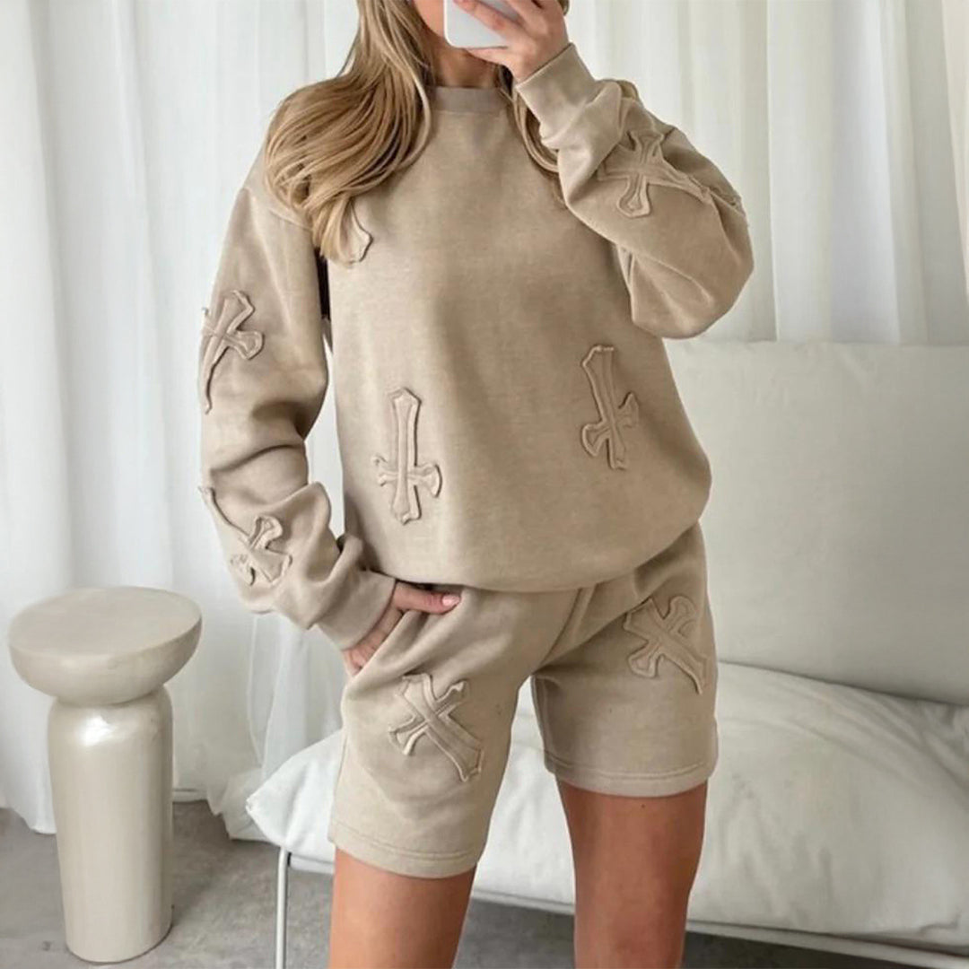 Damen nan lässiges Sweatshirt- und Short-Set mit dekorativen Schleifen-Applikationen, hohem Rundhalsausschnitt und Tunnelzugbund Drune