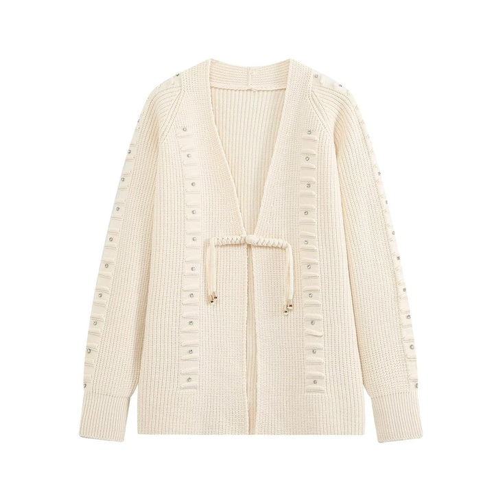 Damen Grobgestrickter Longcardigan mit Ziersteinen und Kordelbindung Drune