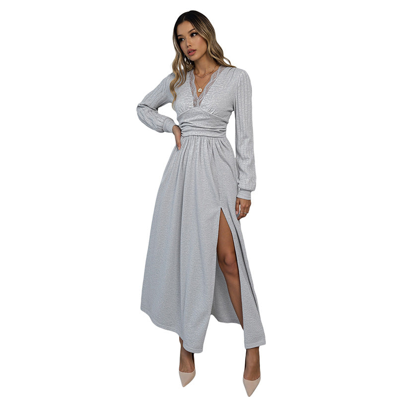 Damen Elegantes Wickel‑Maxikleid mit Spitzenbesatz, tailliertem Knotenbund und hohem Beinschlitz Drune