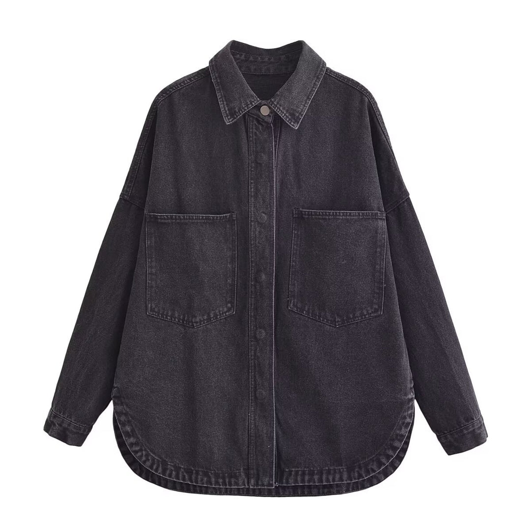 Damen Oversize Jeanshemd‑Jacke mit aufgesetzten Taschen und abgerundetem Saum Drune