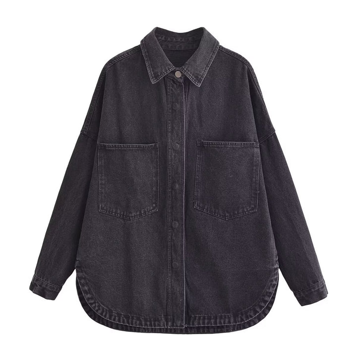 Damen Oversize Jeanshemd‑Jacke mit aufgesetzten Taschen und abgerundetem Saum Drune