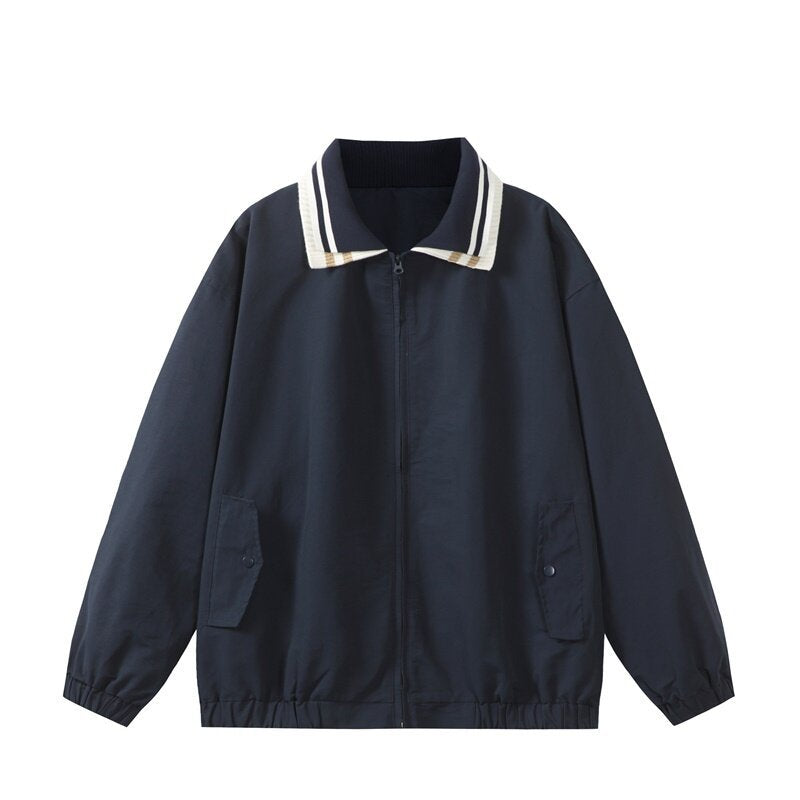 Herren Leichte Harrington‑Style Bomberjacke mit gestreiftem Rippkragen und Druckknopf‑Taschen Drune