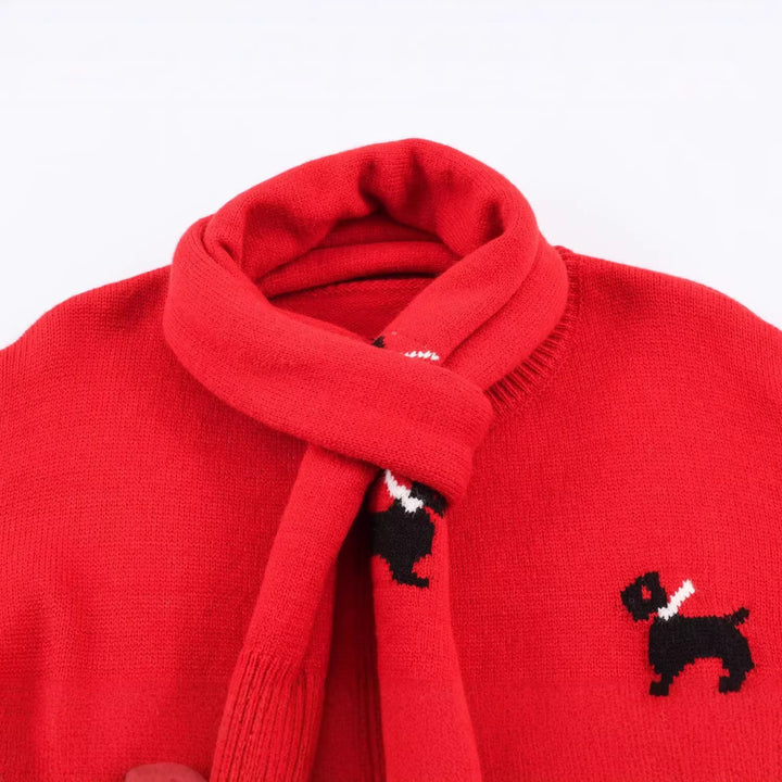 Damen Gestrickte Kurzjacke mit integriertem Schal und Hundeintarsie Drune