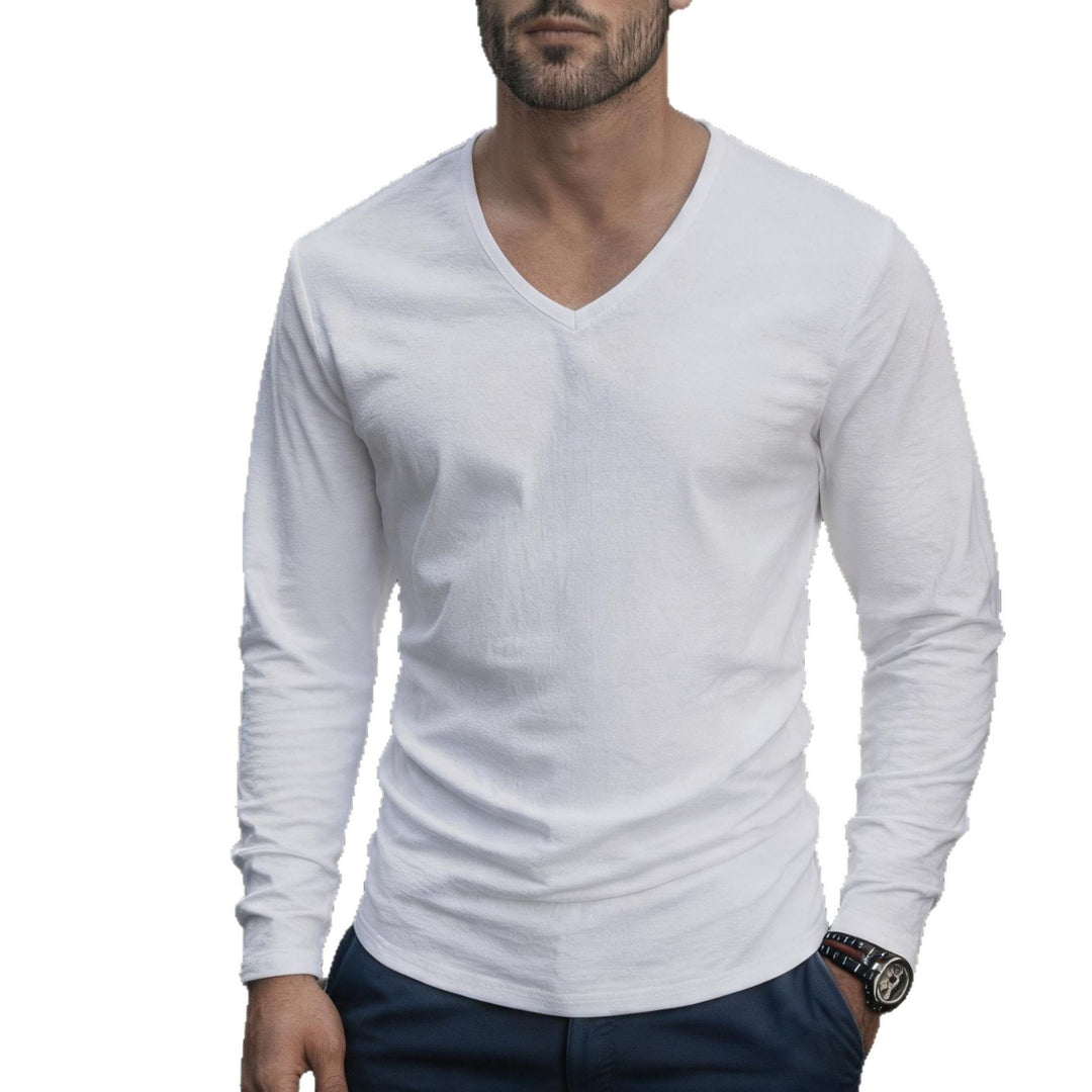 Herren tailliertes Langarmshirt mit V-Ausschnitt aus feinem Baumwollstretch Drune