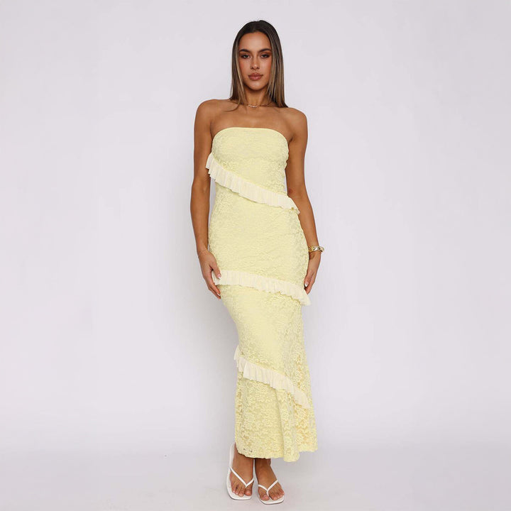 Damen Off-Shoulder Maxikleid mit Rüschendetails und figurbetonter Silhouette Drune