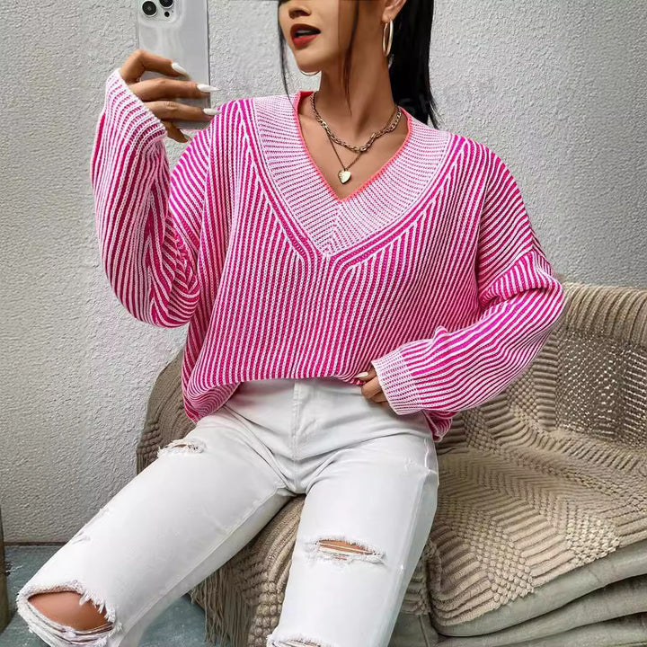 Damen Oversize-Strickpullover mit V-Ausschnitt und grafischem Streifenmuster Drune