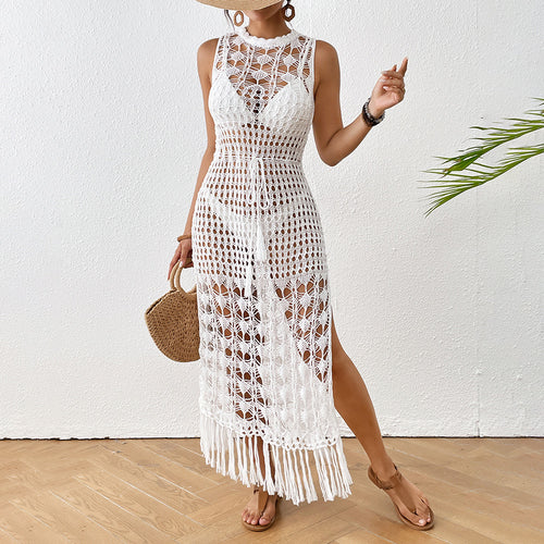Damen gehäkeltes Strandkleid mit tiefem Schlitz und fransigen Akzenten Drune