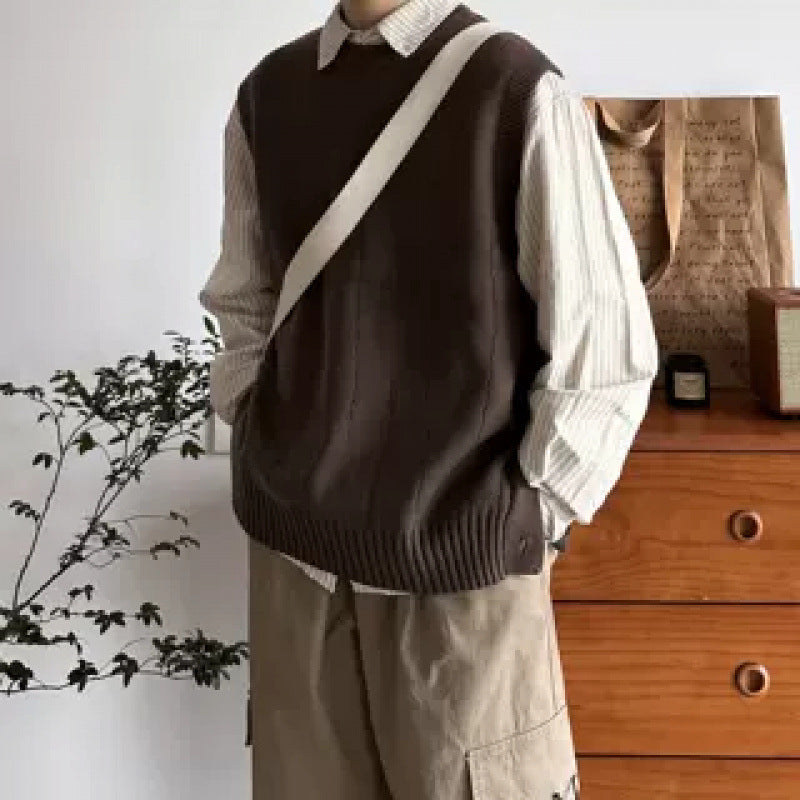 Herren Oversized Ärmellose Strickweste mit geripptem Saum und Rundhalsausschnitt Drune
