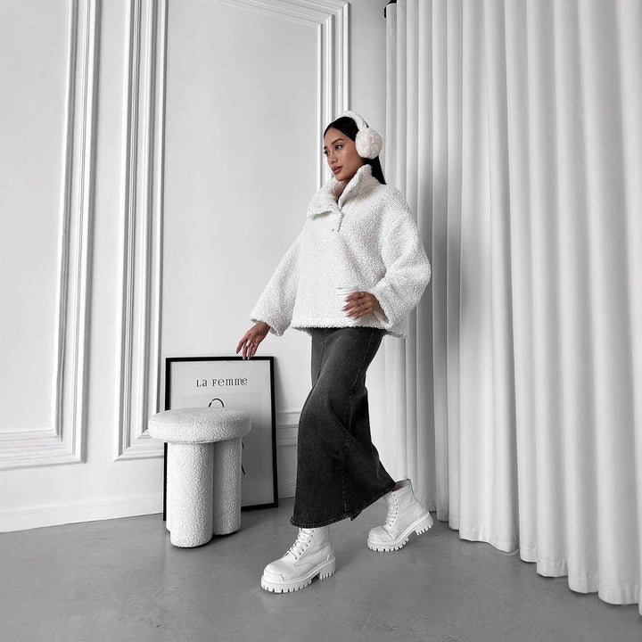 Damen Oversized Teddy-Pullover mit halber Druckknopfleiste und Stehkragen Drune