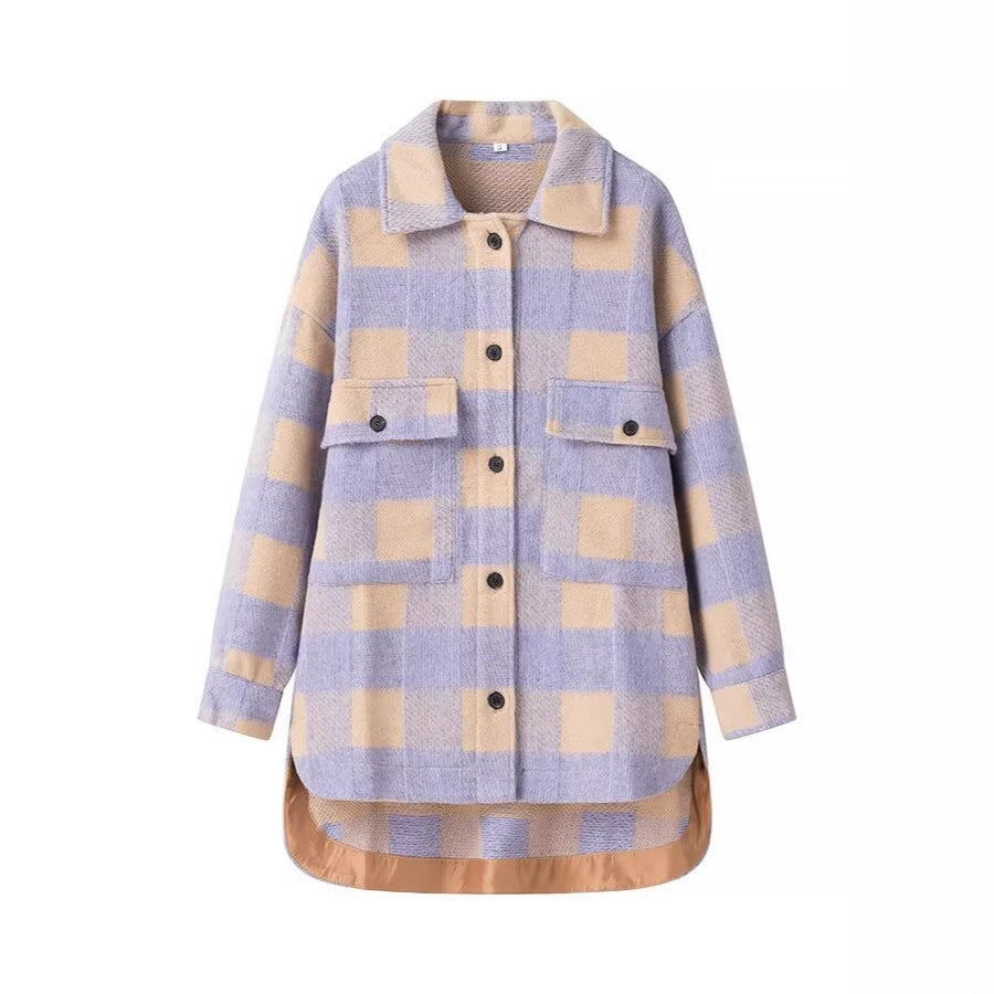 Damen Oversized Hemdjacke im Karo mit großen Pattentaschen und gerundetem Saum Drune