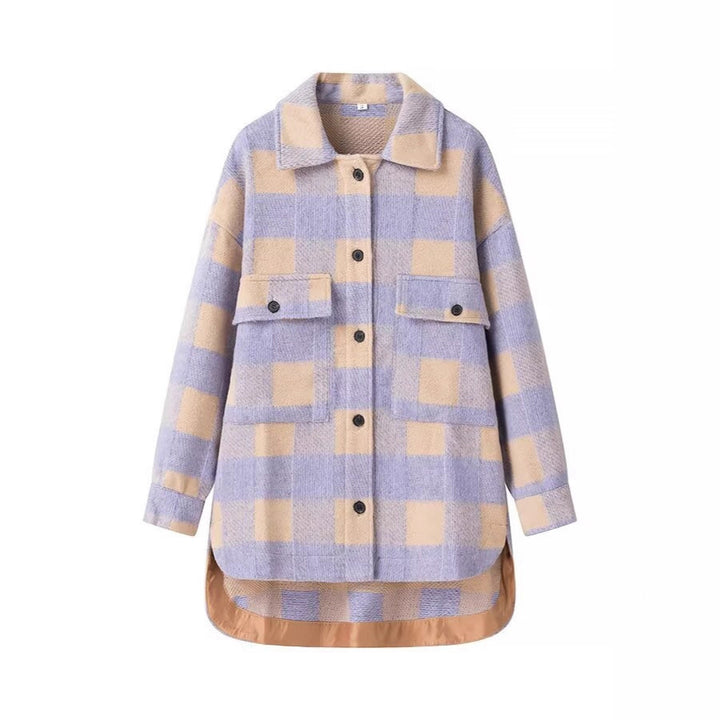 Damen Oversized Hemdjacke im Karo mit großen Pattentaschen und gerundetem Saum Drune