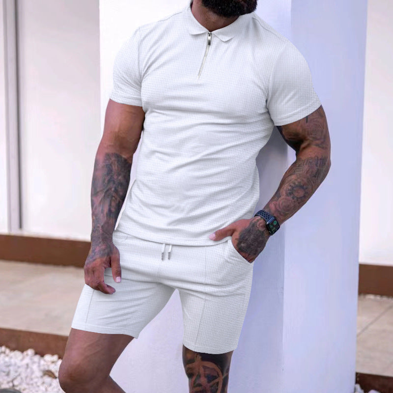 Herren modisches Polo- und Shorts-Set mit strukturiertem Gewebe und funktionalem Reißverschluss Drune