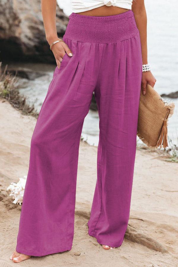 Damen weite Leinenhose mit elastischem Taillenbund und seitlichen Falten Drune