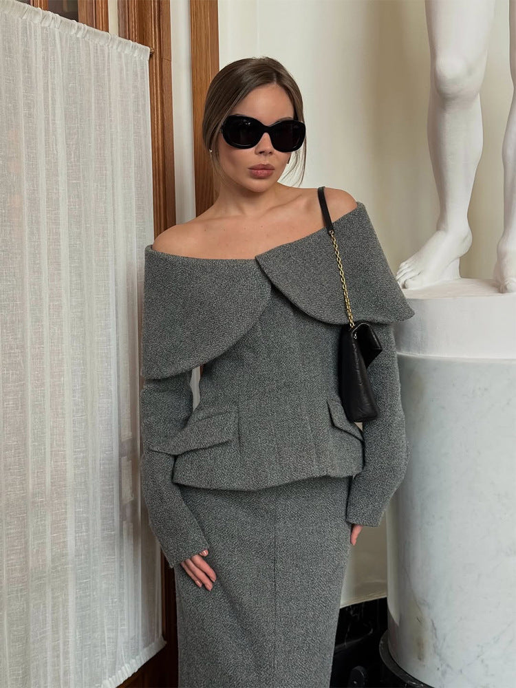 Damen Elegantes Bouclé-Set mit schulterfreiem Jackett und tailliertem Bleistiftrock Drune