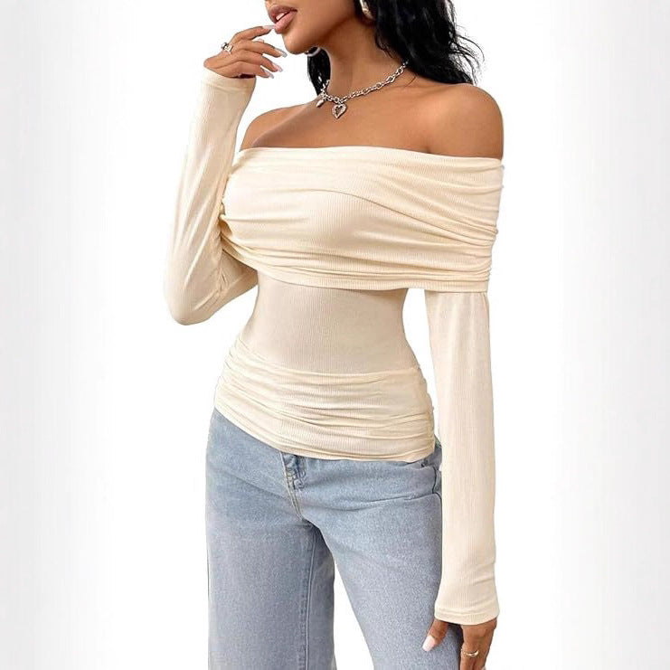 Damen Schulterfreies Ripp-Longsleeve mit weitem Umschlagkragen und taillierter Silhouette Drune