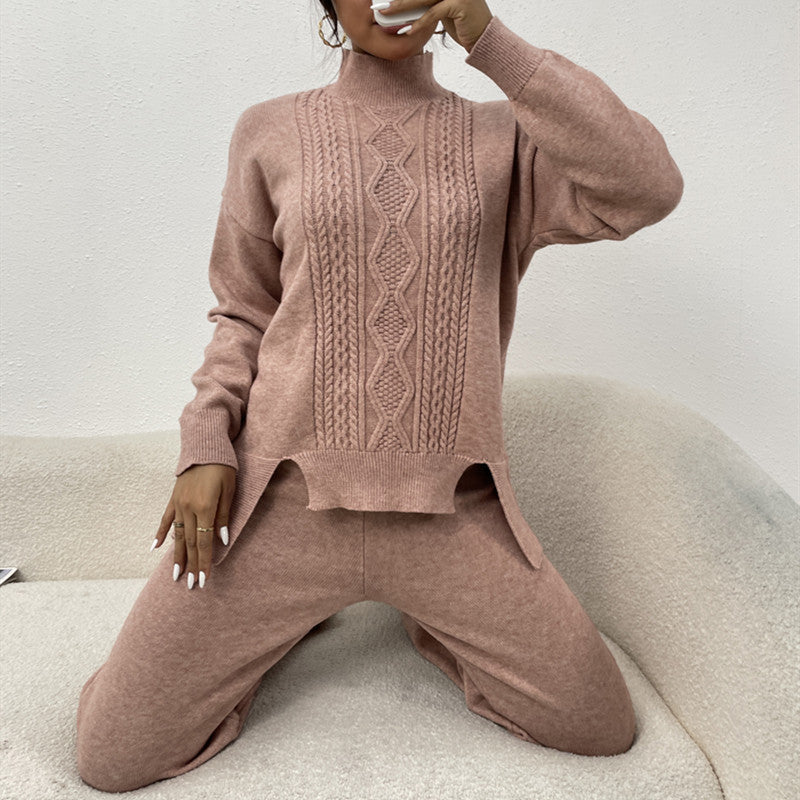 Damen eleganter Strickanzug mit hohem Kragen und farbenfrohem Muster Drune