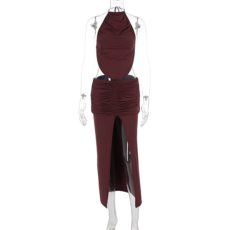 Damen Elegantes Maxikleid mit asymmetrischem Halterhals und ausgefallenem Schlitz Drune