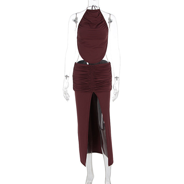 Damen Elegantes Maxikleid mit asymmetrischem Halterhals und ausgefallenem Schlitz Drune