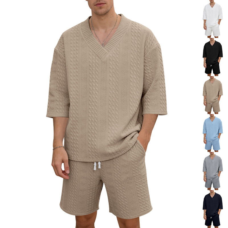 Unisex nan lässiges Lounge-Set mit V-Ausschnitt-Oberteil und Kordelbund-Shorts Drune