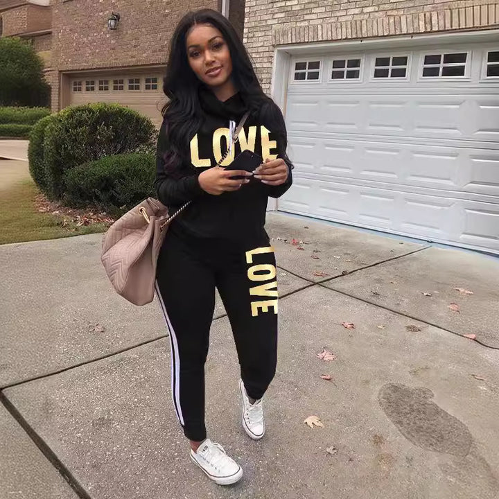 Damen nan sportives Kapuzen-Sweatshirt-Set mit Goldprint und Highwaist-Jogginghose Drune