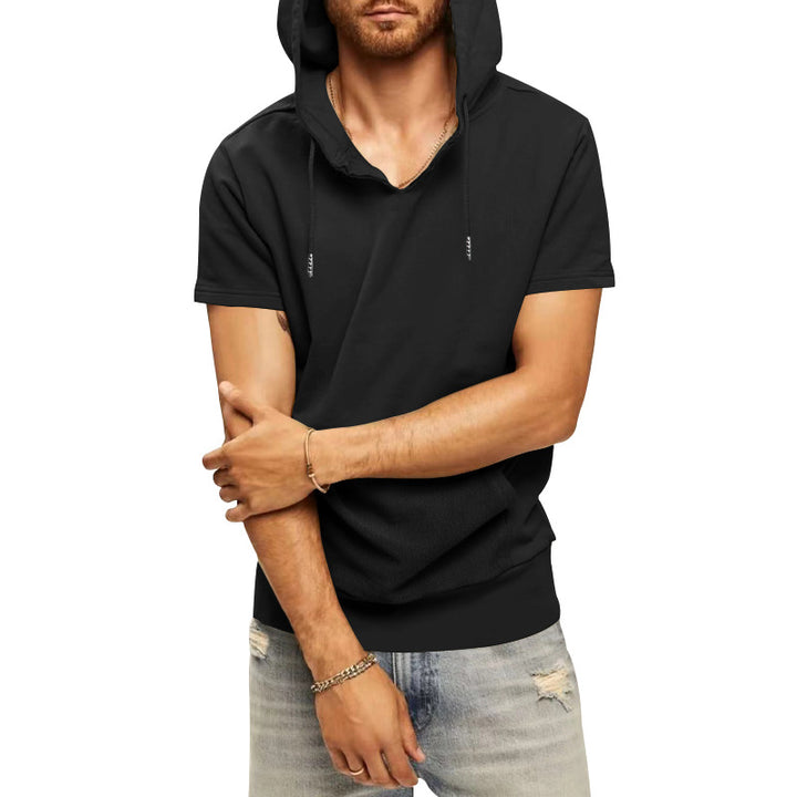 Herren nan lässiges kurzärmeliges Kapuzen-Shirt im weiten Schnitt mit Kängurutasche und Kordelzug Drune