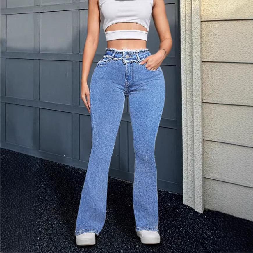 Damen Hochgeschnittene Flared-Jeans mit ausgefranstem Bund und mittiger Absteppnaht Drune