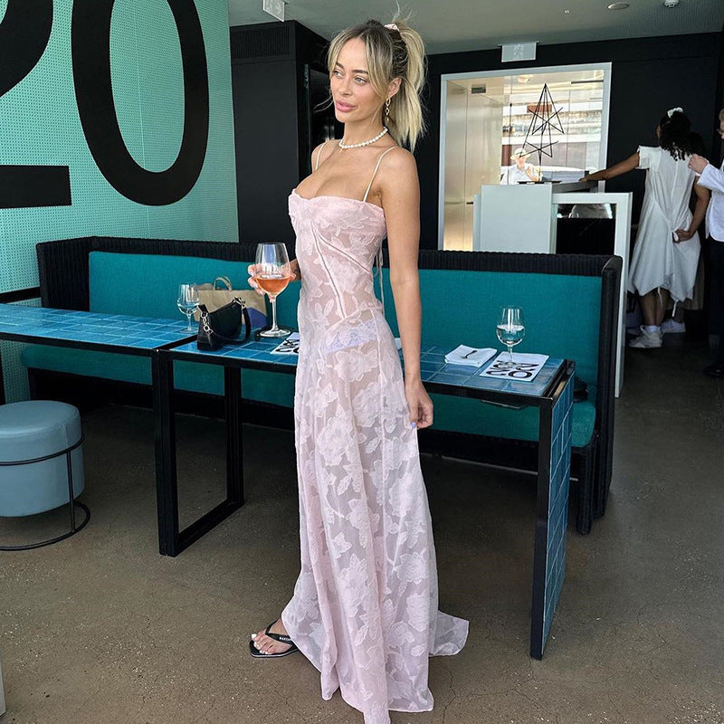 Damen Maxikleid mit transparentem Oberteil und feinem Spitzenmuster Drune