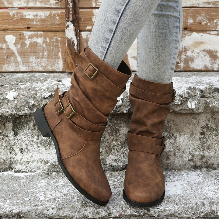 Damen modische Stiefeletten mit stylishen Schnallen und raffiniertem Falten-Design Drune