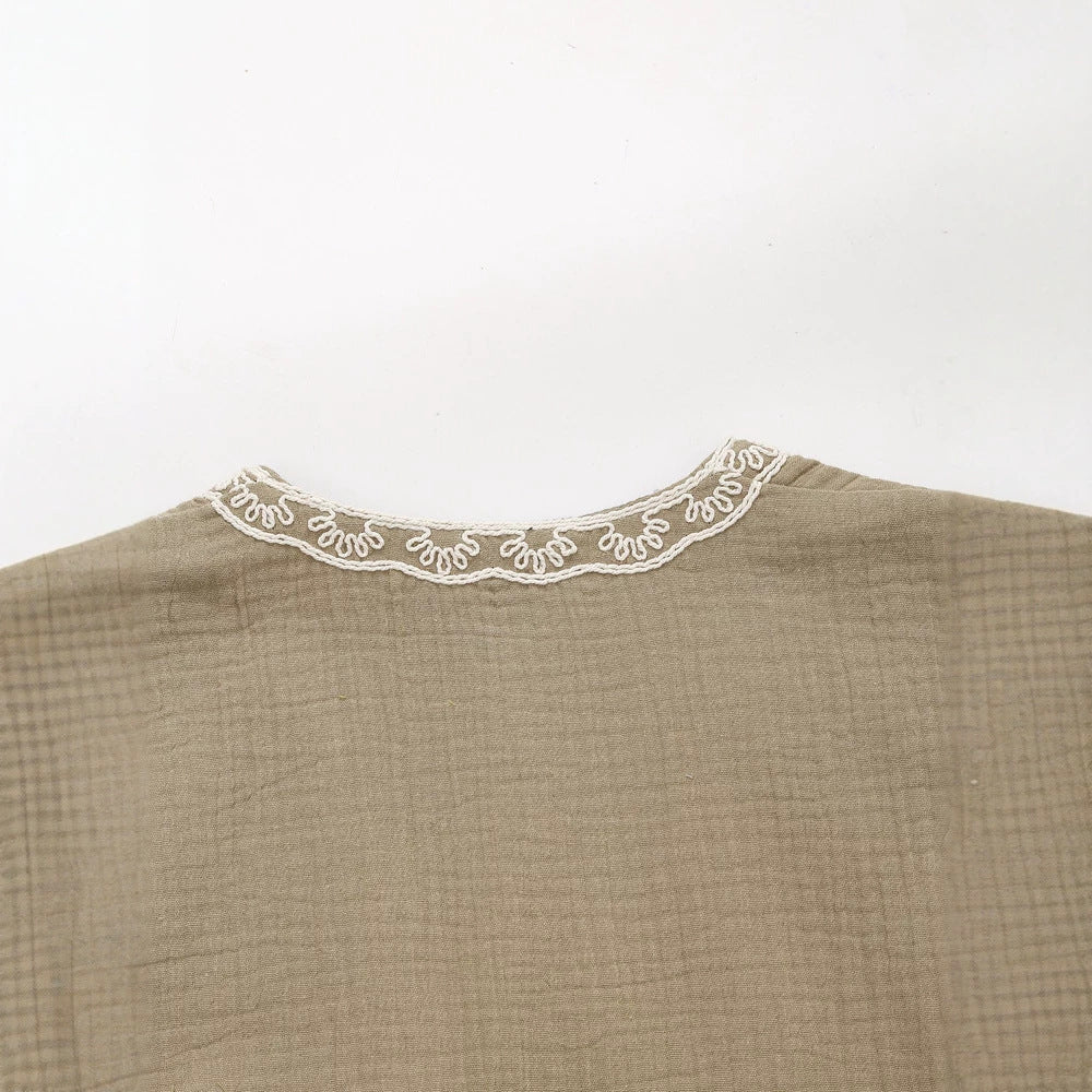 Damen Ärmellose Leinenweste mit floraler Reliefstickerei und offener Front Drune