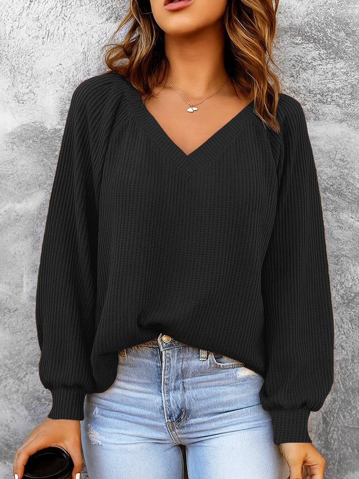 Damen Feinstruktur-Strickpullover mit V-Ausschnitt, Ballonärmeln und Rippbündchen Drune