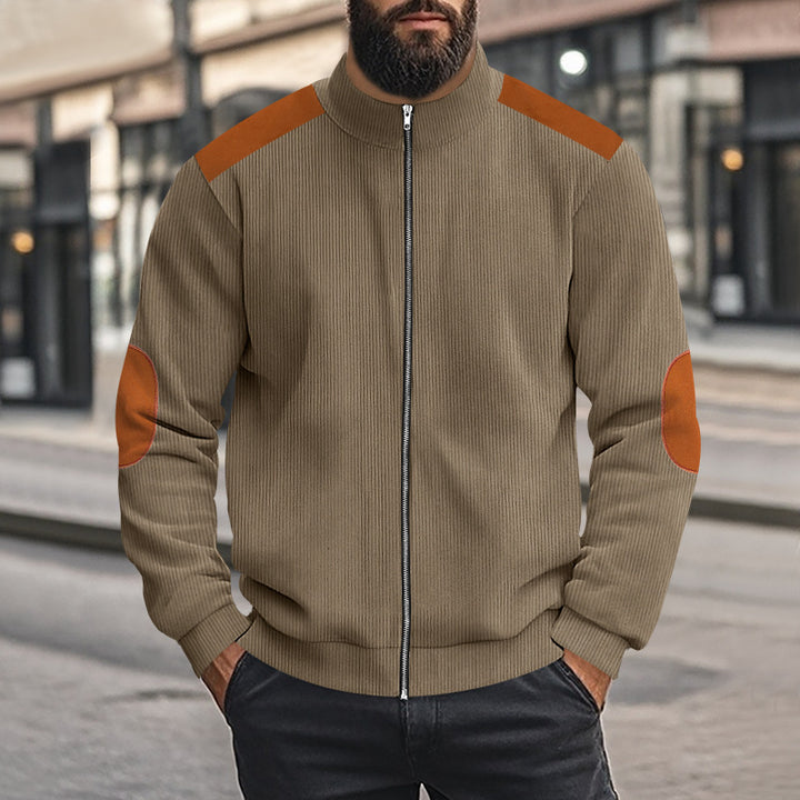 Herren nan Cordjacke mit Reißverschluss Stehkragen und Ellbogen-Patches Drune