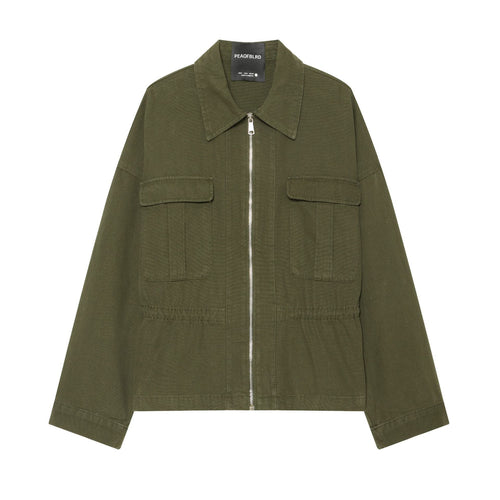Damen Taillierte Cropped Utility‑Jacke mit durchgehendem Reißverschluss und Pattentaschen Drune