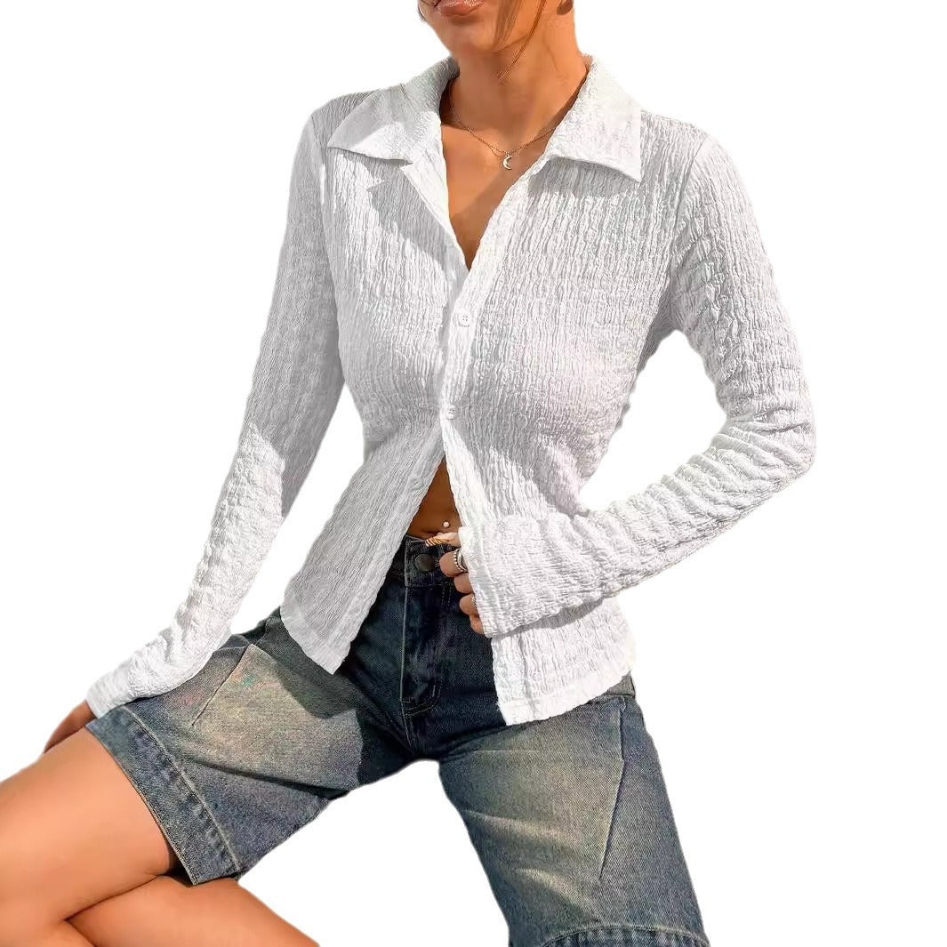 Damen nan Hemdbluse mit Kräuselstruktur, Hemdkragen und taillierter Passform Drune