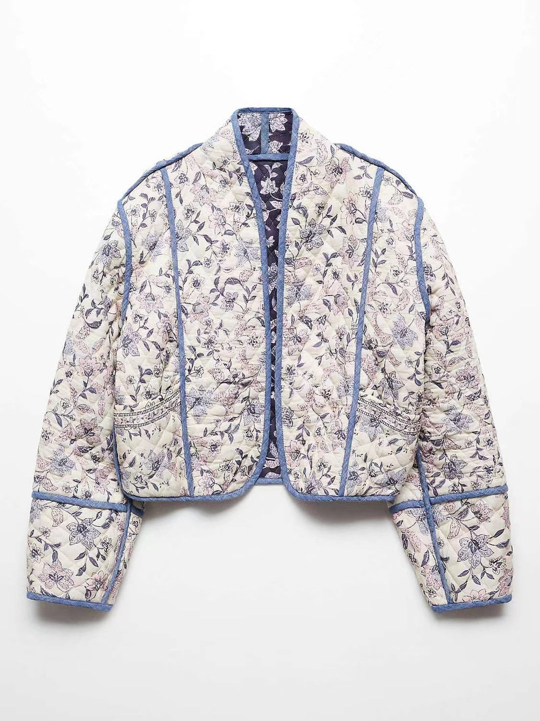 Damen Kurz geschnittene gesteppte Blousonjacke mit floraler Stickerei und Kontrastpaspel Drune