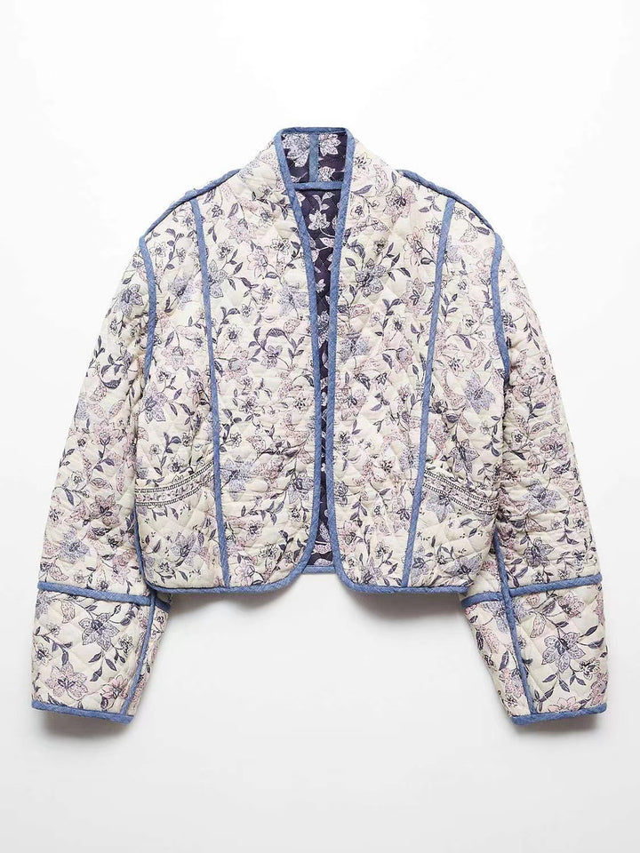 Damen Kurz geschnittene gesteppte Blousonjacke mit floraler Stickerei und Kontrastpaspel Drune