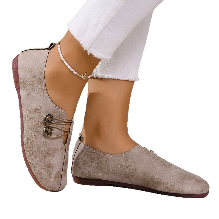 Damen nan bequeme flache Slipper Vintageoptik mit Zierknöpfen und elastischer Schnürung Drune