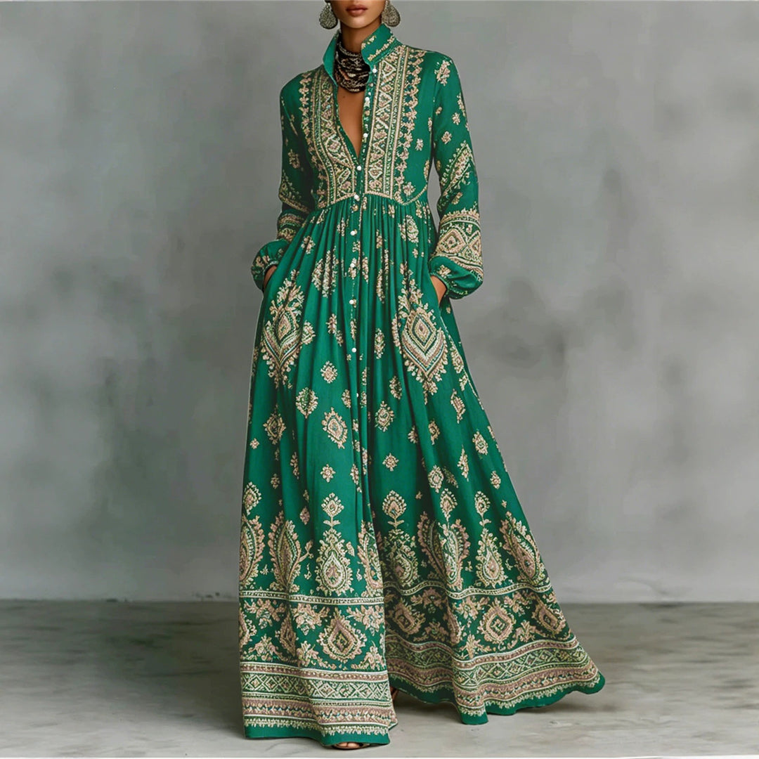 Damen Maxikleid im Boho‑Ethno‑Stil mit Stehkragen, durchgehender Knopfleiste und Eingrifftaschen Drune