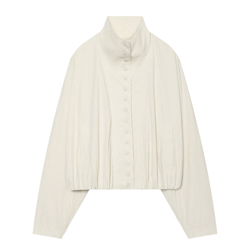 Damen Cropped Blousonjacke mit hohem Stehkragen, durchgehender Knopfleiste und elastischem Saum Drune