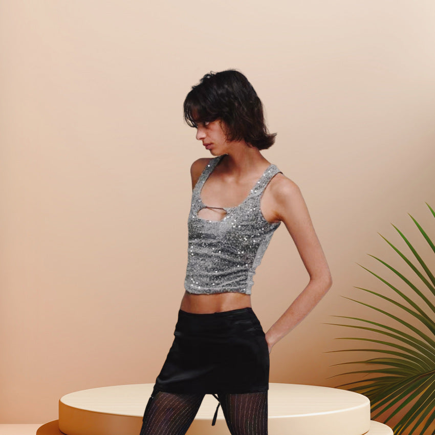 Damen Glitzerndes Crop-Top mit modischem Schlüssel-Ausschnitt und figurbetontem Schnitt Drune