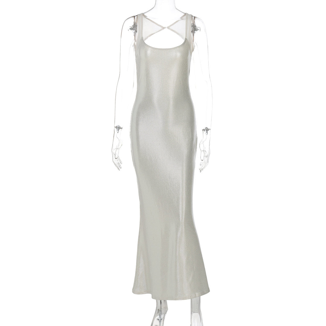 Damen Elegantes Maxikleid mit verführerischem Kreuzträger und schimmerndem Obermaterial Drune