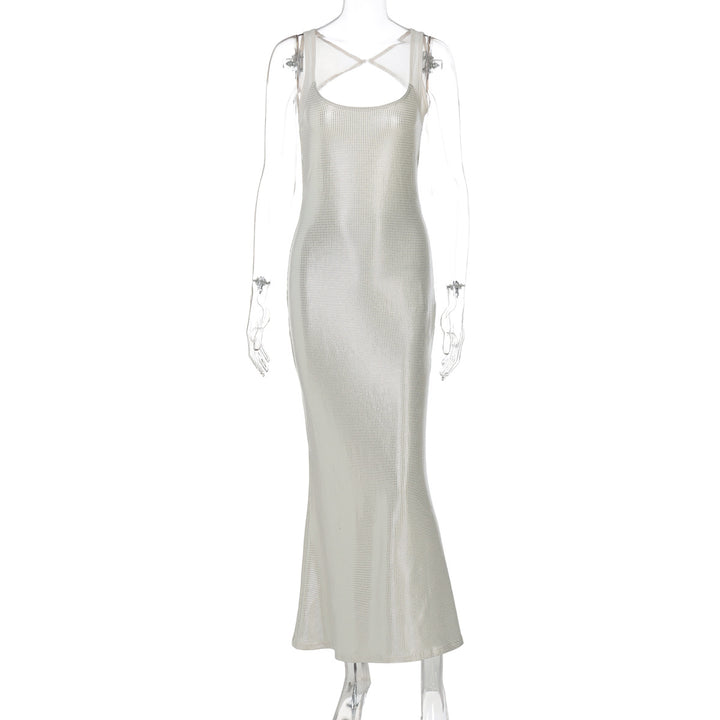 Damen Elegantes Maxikleid mit verführerischem Kreuzträger und schimmerndem Obermaterial Drune